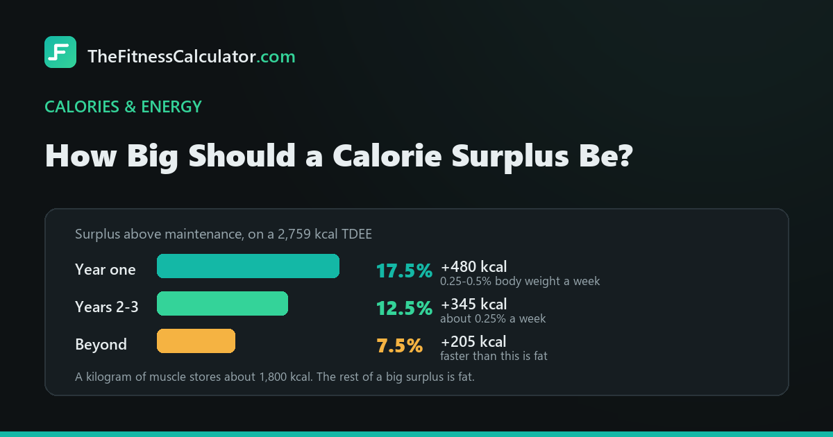 Bar chart of calorie surplus sizes by training year, from 17.5 percent above maintenance in year one down to 7.5 percent for advanced lifters