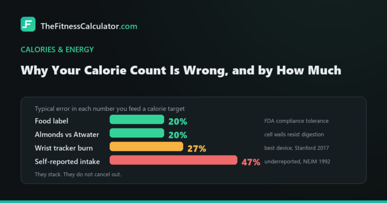 Bar chart of calorie tracking errors: 20 percent for food labels, 27 percent for wrist trackers and 47 percent for self-reported intake