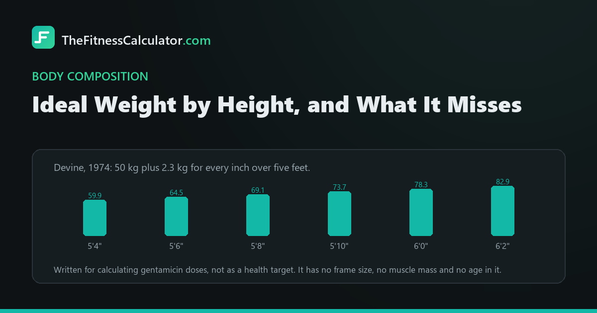 Column chart of Devine formula ideal weights for men from 5 feet 4 inches at 59.9 kg to 6 feet 2 inches at 82.9 kg