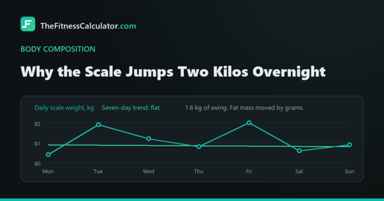 Line chart of seven days of scale weight swinging 1.6 kg around a flat weekly trend line